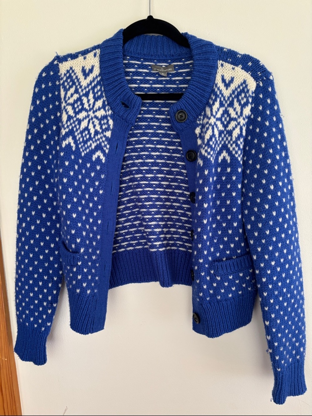 LL Bean Cozy Blue Fair Isle Button-Up Sweater Cardigan size Small